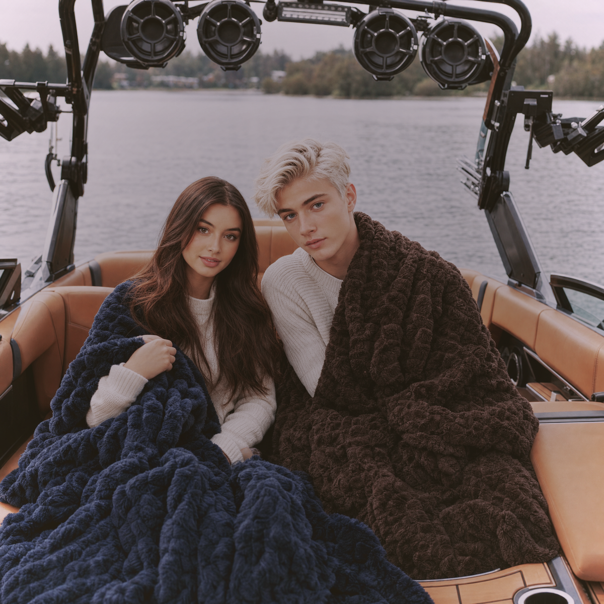 Two people wrapped in Cozy blankets together on a boat