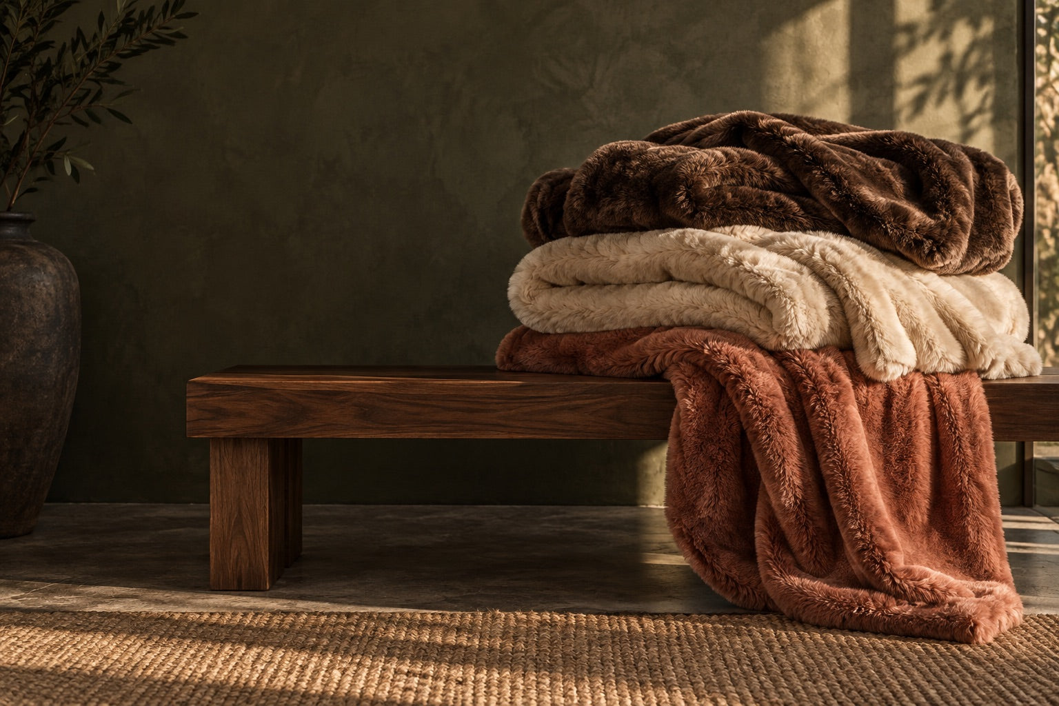 Espresso, oatmeal and terracotta plush blankets arranged on a walnut bench