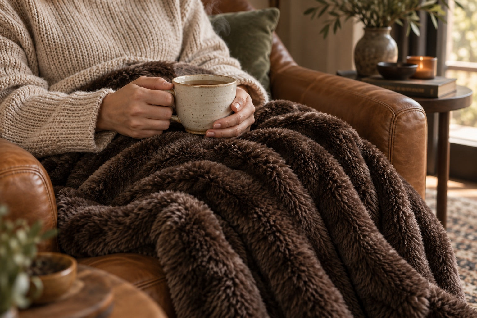 A quiet moment with a warm ceramic cup and an espresso plush blanket